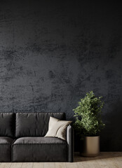 Livingroom lounge in gray and black colors. Mockup empty dark room interior. Design in minimalist luxury style. Graphite grey sofa and accent wall - dark microcement texture plaster. 3d render 