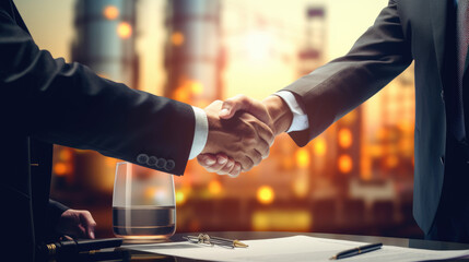 A residential oil businessman and a satisfied customer share a handshake, signifying the success of their oil contract. - obrazy, fototapety, plakaty