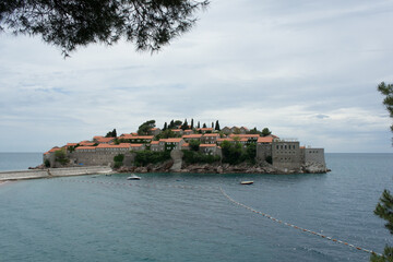 View of the old town of the Sveti Stefan peninsula. Montenegro