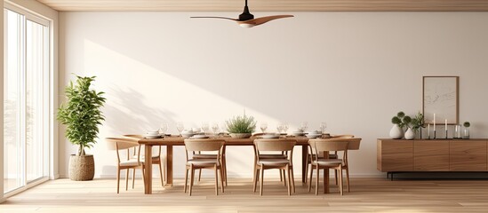 Room with table stools and fan