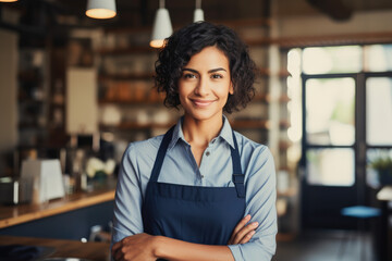 Business Concept: Female entrepreneur standing in her cafe, smiling pensively - obrazy, fototapety, plakaty