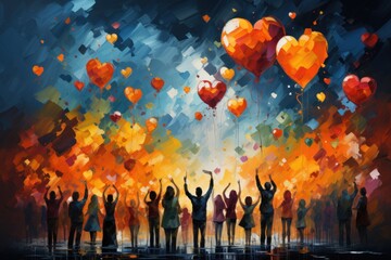 Crowd of people, hands in the air, colorful hearts, Charity background with hands, AI generative - obrazy, fototapety, plakaty