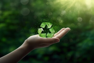 Hand of human touching the recycling symbol with environment icon, sustainable environment concept