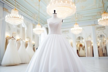 Fototapeta na wymiar Elegant and luxurious white bridal dresses hanging on hangers in a beautiful boutique salon