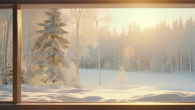 A serene and snowy countryside landscape is viewed from a large window in a cozy cabin. The soft winter light illuminates the glistening snow and casts intricate shadows on the forest