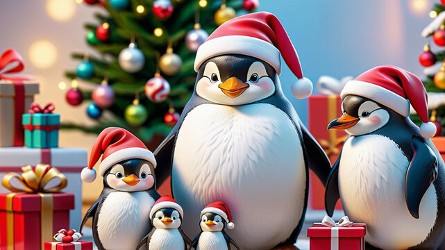 cute cartoon family of penguins celebrating christmas