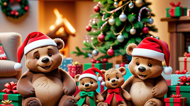 cute bear wearing santa claus hat under christmas tree