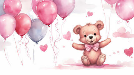 watercolour pink teddybear with balloons