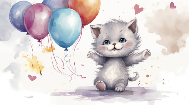 watercolor cat with balloons