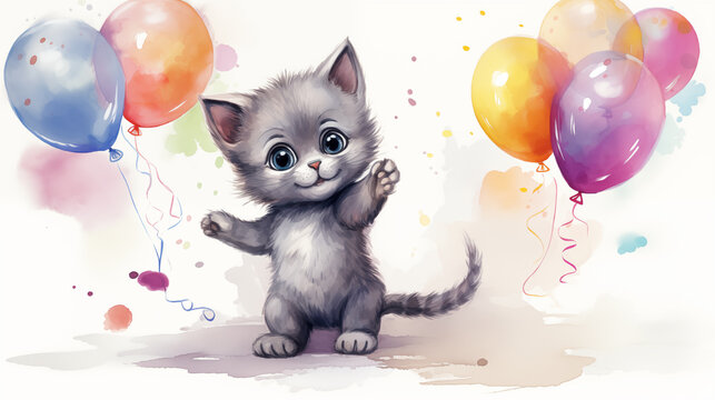 watercolor cat with balloons