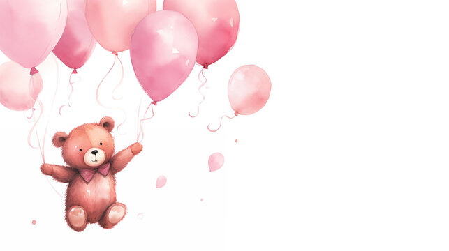 watercolour pink teddybear with balloons