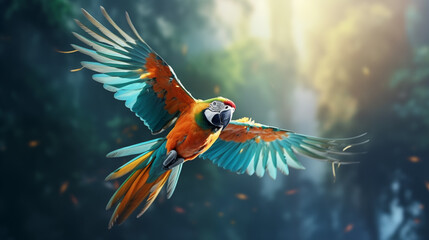 flying parrot over jungle - obrazy, fototapety, plakaty
