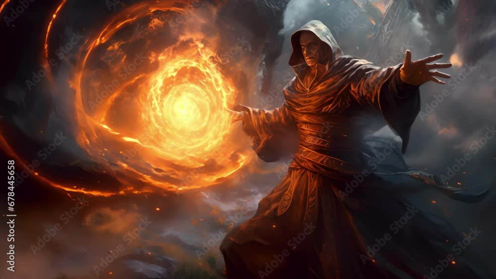 Poster a powerful sorcerer swirls a vortex of flames around their hands before adding a pinch of magical du