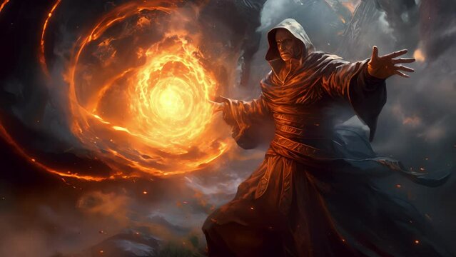 A powerful sorcerer swirls a vortex of flames around their hands before adding a pinch of magical dust and tering it through the air infusing the fire with arcane power.