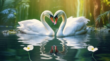 A romantic scene of two swans creating a heart shape in the tranquil water.