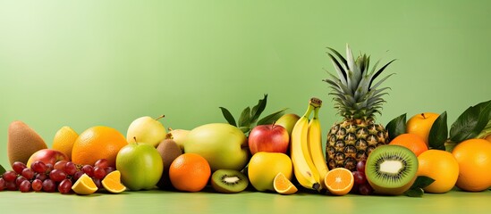 Assorted fruits on a green backdrop