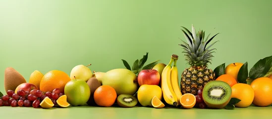 Selbstklebende Fototapeten Assorted fruits on a green backdrop © Vusal