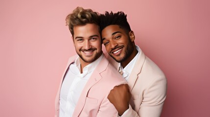 Obraz premium Two handsome men in pink shirts share a tender moment leaning against each other.