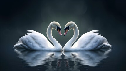 A romantic scene of two swans creating a heart shape in the tranquil water.