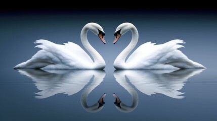 A romantic scene of two swans creating a heart shape in the tranquil water.