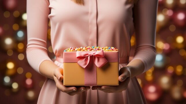 A beautifully wrapped gift box with a pink ribbon and gold polka dots, set against a pink background.