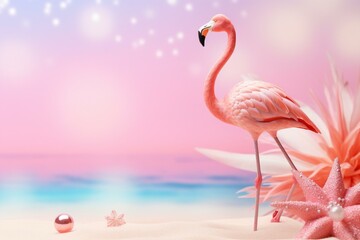 Flamingo with starfish and seashell on pink summer background. Generative AI