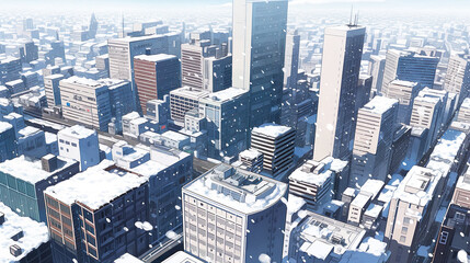 雪が降り積もる都市のアニメ風イラスト風景