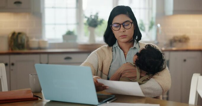 Remote work, laptop and mother with baby in a kitchen, multitasking and paying bills at home. Freelance, productivity and mom with sleeping newborn in house with paper, document or financial balance