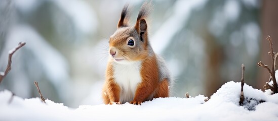 A squirrel sits on snow in a coniferous forest