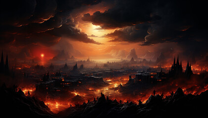 Spooky cityscape at dusk, a mysterious painted fantasy illuminated generated by AI
