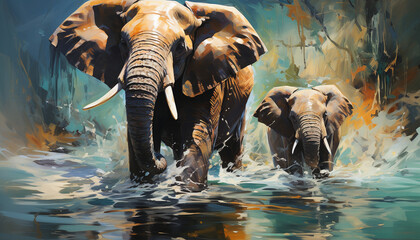 Elephant family splashing in tropical rainforest, a beautiful motion generated by AI - obrazy, fototapety, plakaty