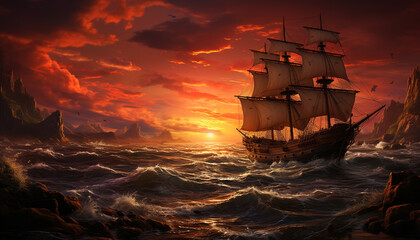Obraz premium Sailing ship sails on sunset waves, adventure in nature generated by AI
