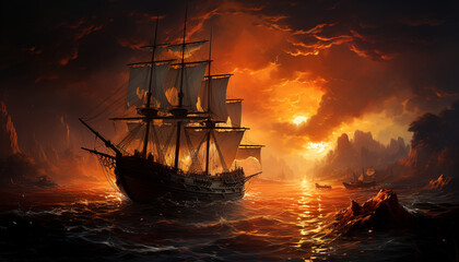 Sailing ship sails at dusk, water reflects adventure and history generated by AI - obrazy, fototapety, plakaty