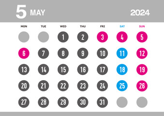 月曜日始まりの2024年5月のカレンダー