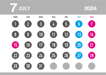 月曜日始まりの2024年7月のカレンダー