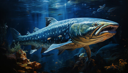 Large fish swimming in dark underwater, close up of teeth generated by AI