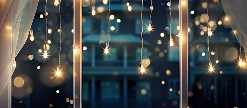 Nighttime window with twinkling fairy lights