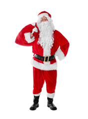 Man in Santa Claus costume with bag posing on white background