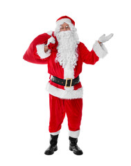 Man in Santa Claus costume with bag posing on white background