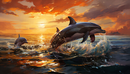 Playful dolphin jumping in the sunset, splashing in the sea generated by AI