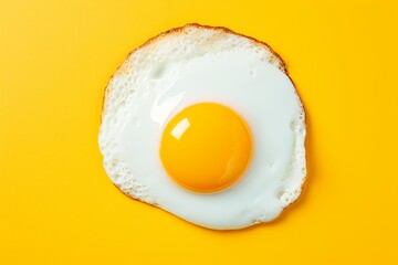 Delicious fried egg with sunny side up, isolated on vibrant yellow background, seen from a top view