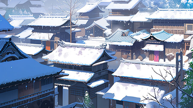 雪が降り積もる日本の田舎のアニメ風イラスト風景