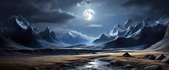 Empty stone floor black with background rugged mountain landscape under a moonlit sky, filled with drifting clouds..