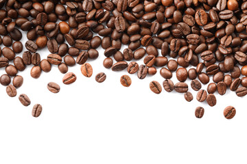 Many roasted coffee beans isolated on white , top view