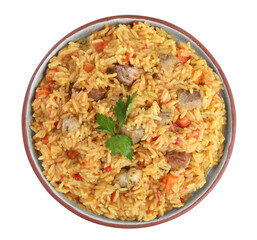 Obraz na płótnie Canvas Delicious pilaf with meat isolated on white, top view