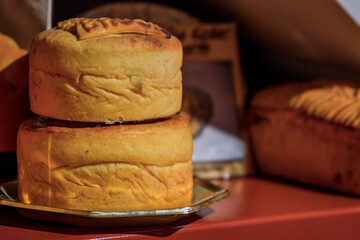 Foie gras or duck liver pate in a pastry, meat pie on display at a store in the Carre d'Or, the...