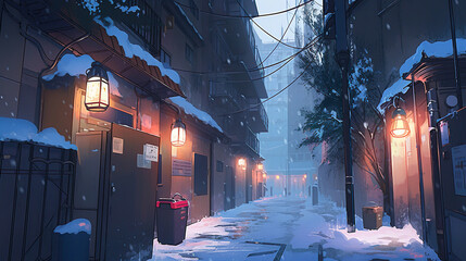 雪が降る日本の路地のアニメ風イラスト - obrazy, fototapety, plakaty