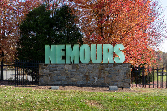 Nemours sign is seen in Wilmington, Delaware, USA, November 5, 2023. The Nemours Estate is a 200-acre country estate with jardin &agrave; la fran&ccedil;aise formal gardens and a French neoclassical mansion. 