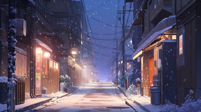 雪が降る日本の路地のアニメ風イラスト