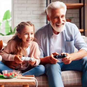 Grandfather and granddaughter spend their free time playing fun games at home.